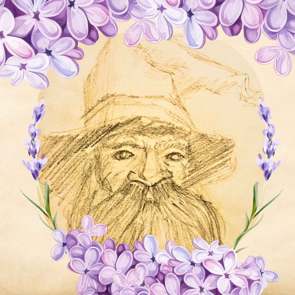 Drawing of an old gnome surrounded by lilac flowers.